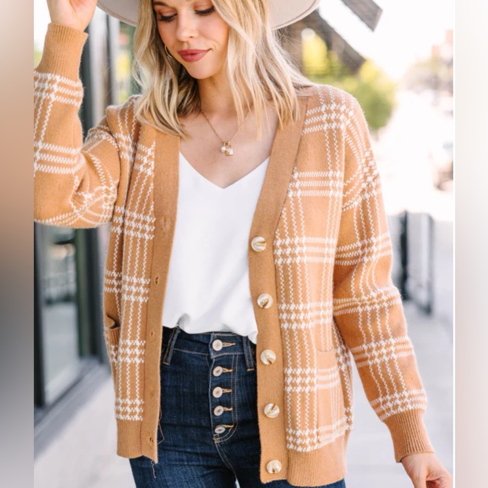 Camel Brown Plaid Cardigan